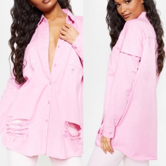 PLT | Pink Oversized Distressed Denim Shirt - Picture 2 of 10